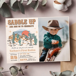 Cowboy Western Rodeo 1:a födelsedagsfoto Party Inbjudningar