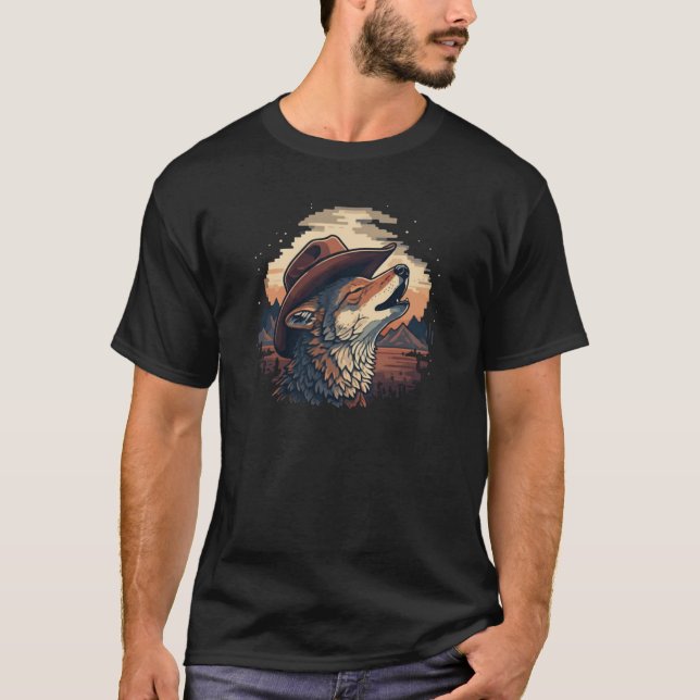 Cowboy Wolf Howling Art T Shirt (Framsida)