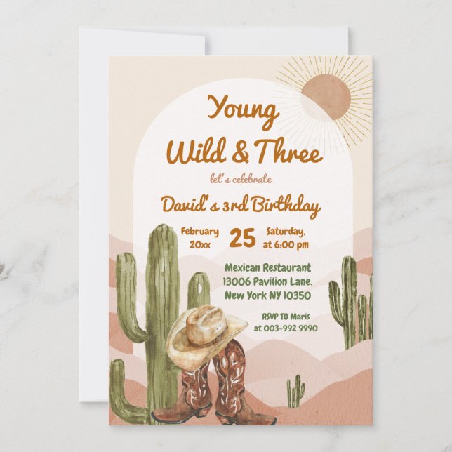 Cowboy Young Vild och Tre Desert Birthday Inbjudningar (Framsida)