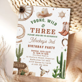 Cowboy Young Wild & Three Birthday Invitation  Inbjudningar