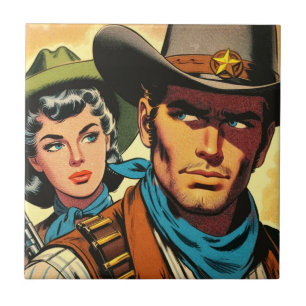 Cowboya/Cowgirl Retro-Tecknader Kakelplatta