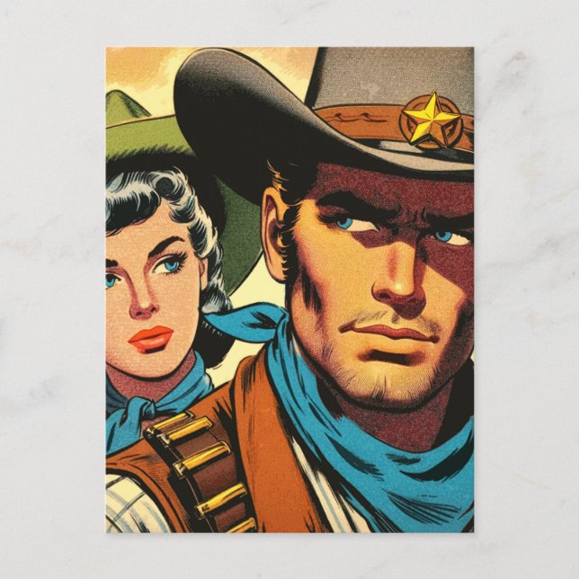 Cowboya/Cowgirl Retro-Tecknader Vykort (Framsida)