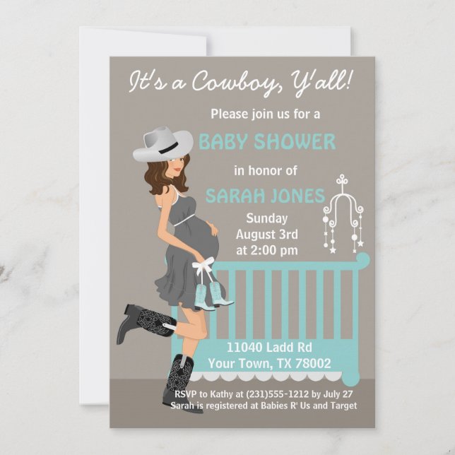 Cowboybaby showerinbjudan - western brunett inbjudningar (Framsida)