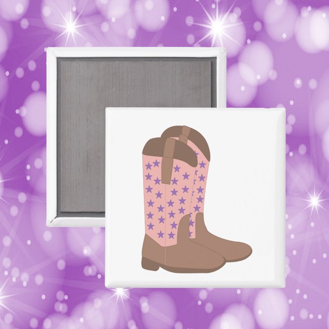 CowboyBoots Rosa Brown och Lila Stars Magnet (A magnet with a cowboy design done in brown and pink with purple stars)
