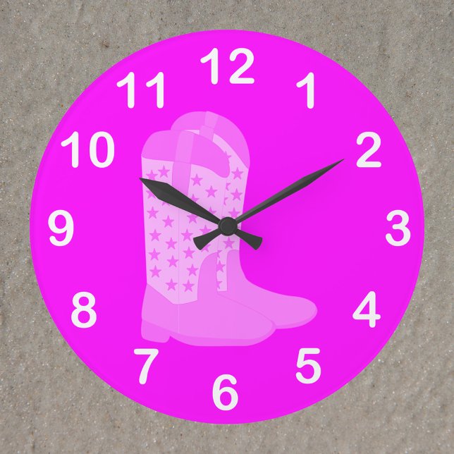 CowboyBoots Stars Rosa White Numbers Stor Klocka (A clock with a pair of pink cowboy boots with stars surrounded by white numbers.)