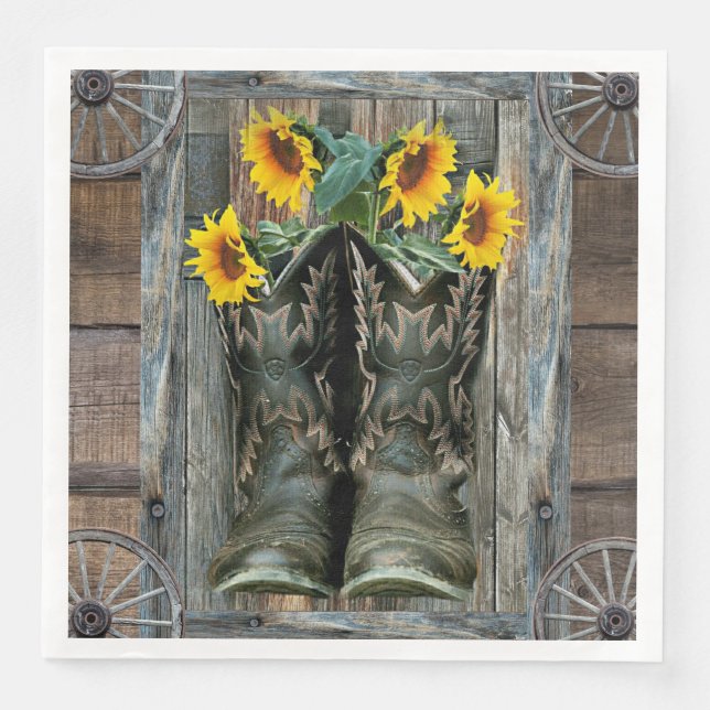 CowboyBoots Sunblommor Rustic Barn Board Pappersservett (Framsida)