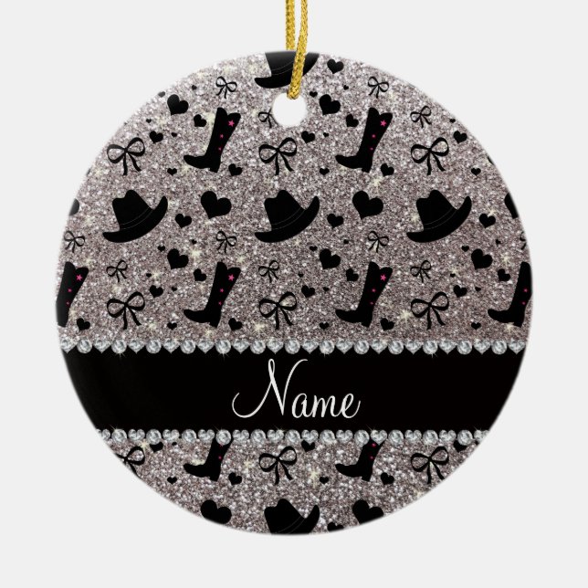 Cowboyen för glitter för anpassningsbarnamnsilver julgransprydnad keramik (Framsidan)