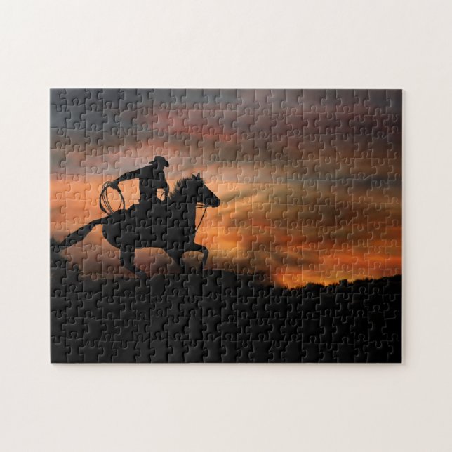 Cowboyen och Horse Riding Sunset Pussel (Horisontell)