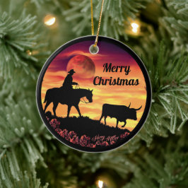 Cowboyen och Longhorn Steer Ceramic Ornament