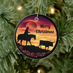 Cowboyen och Longhorn Steer Ceramic Ornament