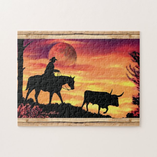 Cowboyen och Longhorn Steer Jigszle Puzzle Pussel (Horisontell)