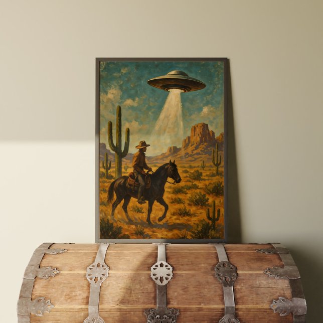 Cowboyen på Horseback UFO:s uppstötande Poster (This fun and whimsical illustration depicts a cowboy on horseback encountering a UFO in the desert. )