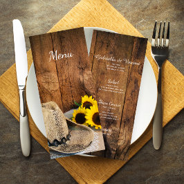Cowboyhat Sunblommor Barn Wood Bröllop Menu Meny