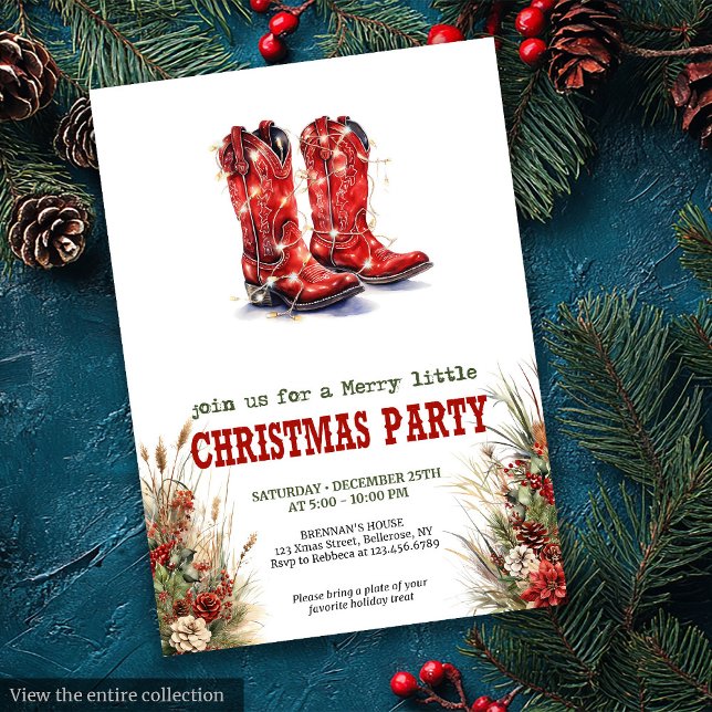 Cowboyhatt och stövlar julfest inbjudan (Cowboy Hat and Boots Christmas Party Invite)