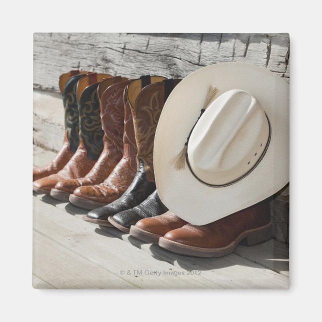 Cowboyhatt på rad av cowboystövlar utanför en logg magnet (Framsidan)