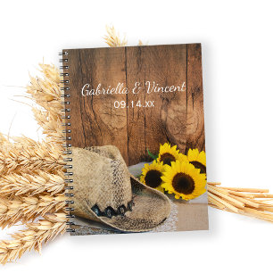 Cowboyhatt, solblommor, barn Wood-Landsbyggsbröllo Anteckningsbok Med Spiral