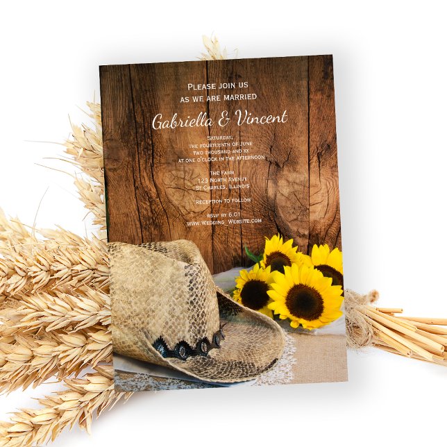 Cowboyhatt, solblommor, barn Wood-Landsbyggsbröllo Inbjudningar (Skapare uppladdad)
