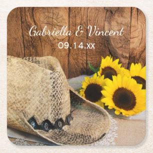 Cowboyhatt, solblommor, barn Wood Westerna Bröllop Underlägg Papper Kvadrat