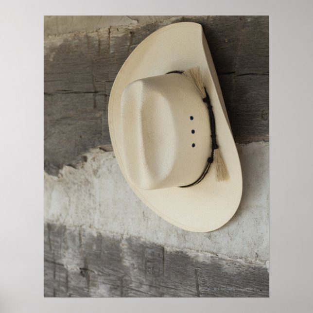 Cowboyhatt som hänger på väggen på loggstugan poster (Framsidan)