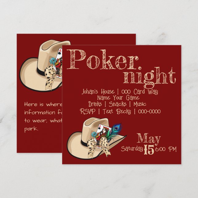 Cowboyhatt Spelkort och Påfågelsfjäder Inbjudningar (Fram/baksida)