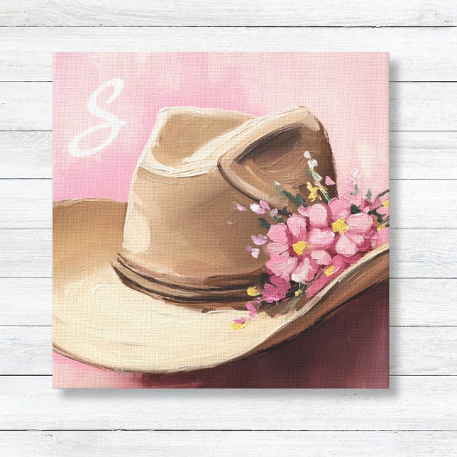 Cowboyhattduk med rosa vilda blommor monogram canvastryck (Taupe Cowgirl Hat with Pink Wildflowers Monogram Script Letter Canvas Art for Girls Room Decor)