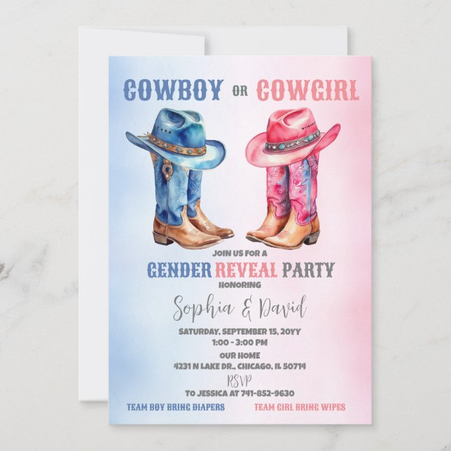 Cowboyinbjudan eller Cowgirl Gender Reveal Party-i Inbjudningar (Framsida)