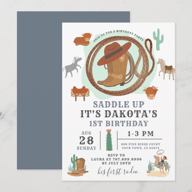Cowboyinbjudan första födelsedagen inbjudningar (Fram/baksida)