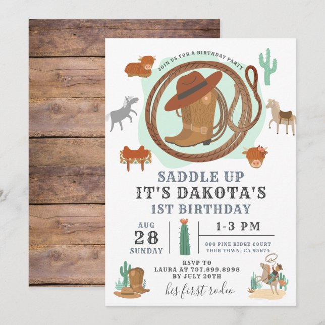 Cowboyinbjudan första födelsedagen inbjudningar (Fram/baksida)