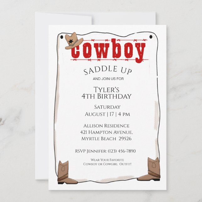 Cowboyinbjudan på födelsedagen inbjudningar (Framsida)