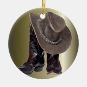 Cowboykängor och hatt julgransprydnad keramik