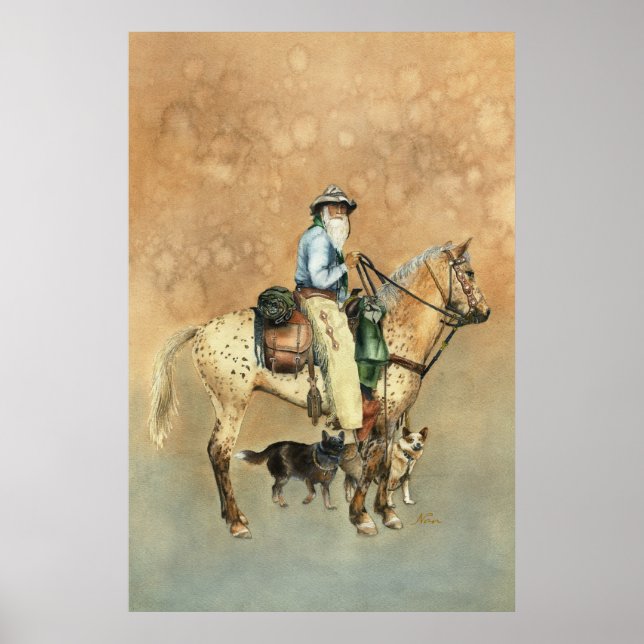 Cowboymålning och hans vattenfärgsfärg Appaloosa Poster (Framsidan)