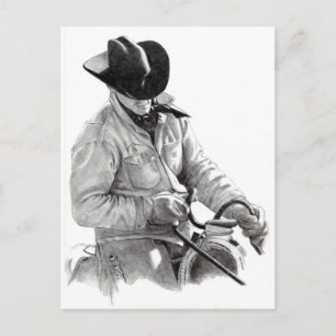 Cowboypenna Teckning i Saddle, Western konst Vykort