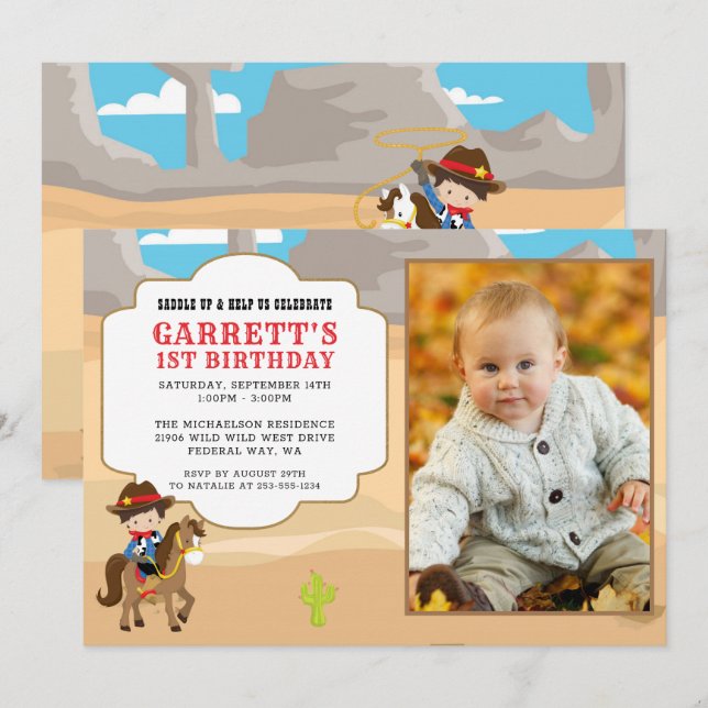 Cowboys 1:a födelsedagsinbjudan till fotoparti inbjudningar (Fram/baksida)