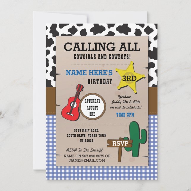 Cowboys Blue Check Birthday sheriff Westernare Inb Inbjudningar (Framsida)