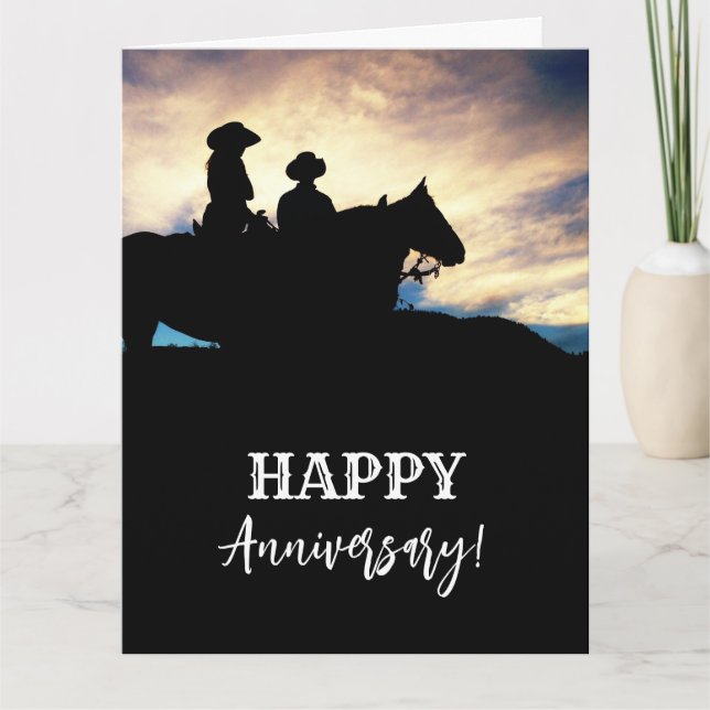 Cowboys cowgirl-häst-årsjubileum kort (Framsida)