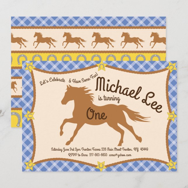 Cowboys Horse Pony Birthday-inbjudningar Inbjudningar (Fram/baksida)