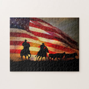 Cowboys och Horses Cattle Round Up with Flagga Pussel