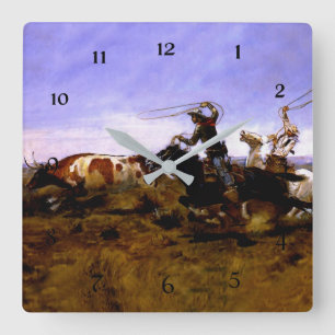 "Cowboys Roping a Steer" av Charles M Russell Fyrkantig Klocka