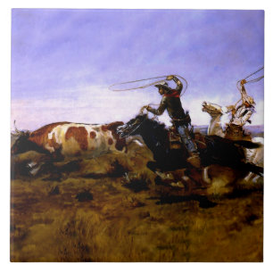 “Cowboys Roping a Steer” av Charles M Russell Kakelplatta