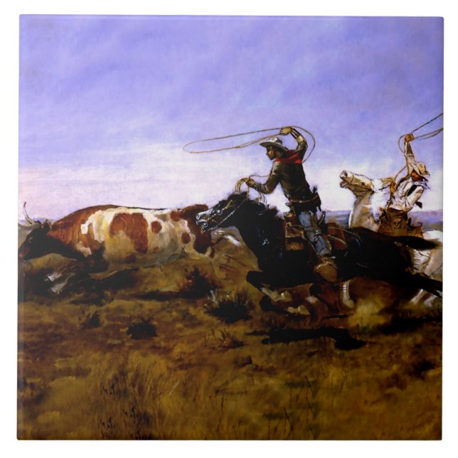 "Cowboys Roping a Steer" av Charles M Russell Kakelplatta (Framsidan)