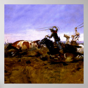 "Cowboys Roping a Steer" av Charles M Russell Poster