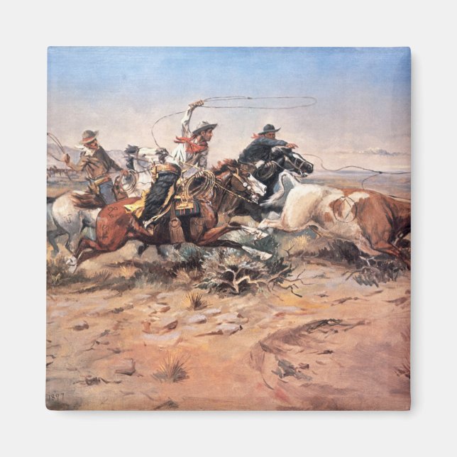 Cowboys roping a stut, 1897 (olja på canvas) magnet (Framsidan)