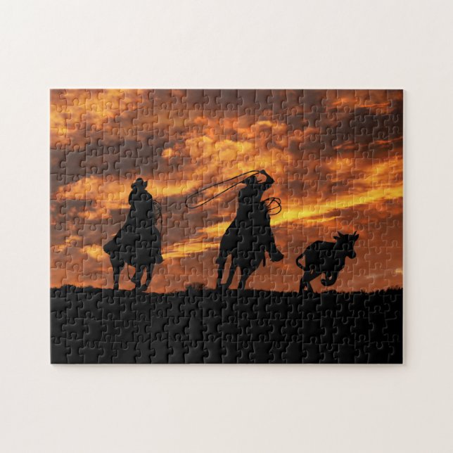 Cowboys Roping vid Sunset Rustic Pussel (Horisontell)