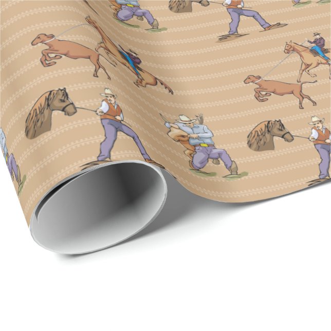 Cowboys Western Horses Steer Tan Gift Wrap Presentpapper (Rullad Hörn)