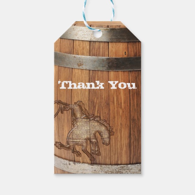 Cowboys Westerna Rodeo Wooden Barrel Party Favty Presentetikett (Framsidan)