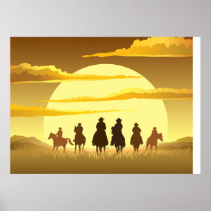 cowboysilhouette-grupp mot sol poster
