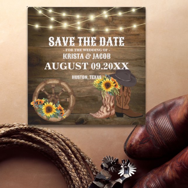 Cowboysolros Westerna Bröllop spara datum (Cowboy Sunflower Western Wedding Save The Date magnet)
