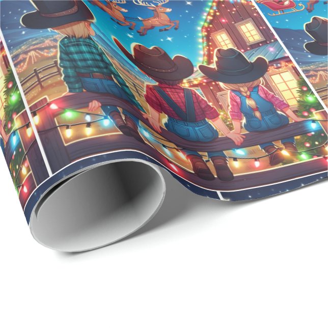 Cowboyungar på Fence Santa flyger över Barn Presentpapper (Rullad Hörn)