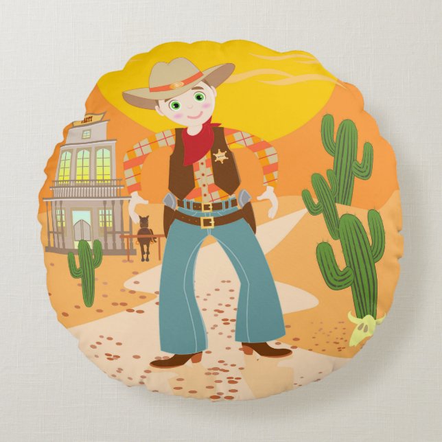 Cowboyunge födelsedagsfest rund kudde (Framsidan)