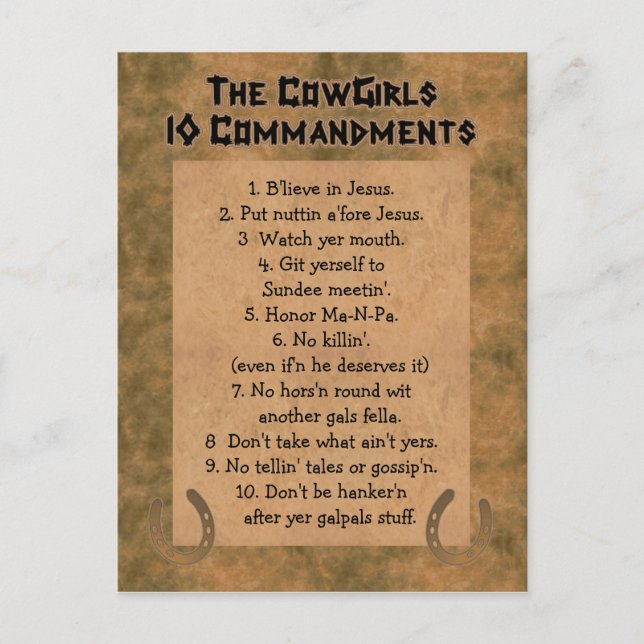 Cowgirl 10 Commandments POSTCARD Vykort (Framsida)
